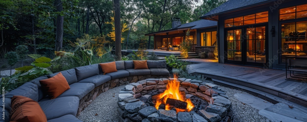A cozy outdoor seating area with a fire pit A cozy outdoor seating area with a fire pit