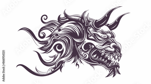 A purple dragon with horns and a mouth full of teeth. The dragon is drawn in a stylized way, with a lot of detail and a sense of movement. Scene is dark and ominous