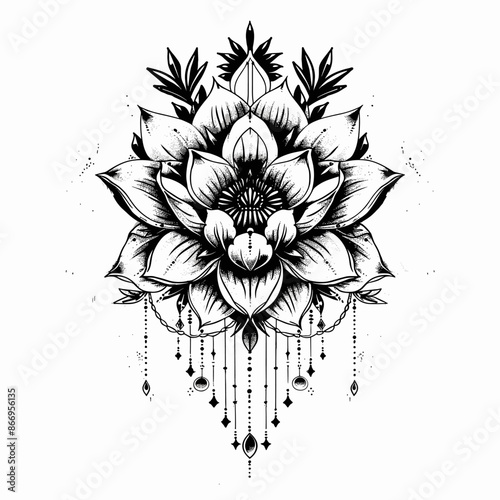 A black and white drawing of a flower with a chain hanging from it. The flower is the main focus of the drawing, and the chain adds a sense of elegance and delicacy to the piece