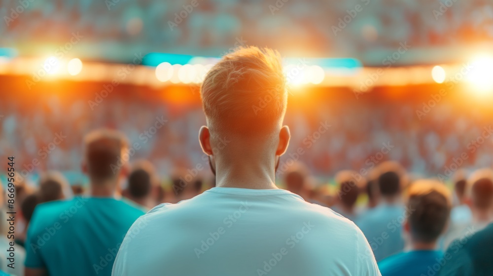 A man in a white shirt watches a game at a stadium. A man in a white shirt watches a game at a stadium.