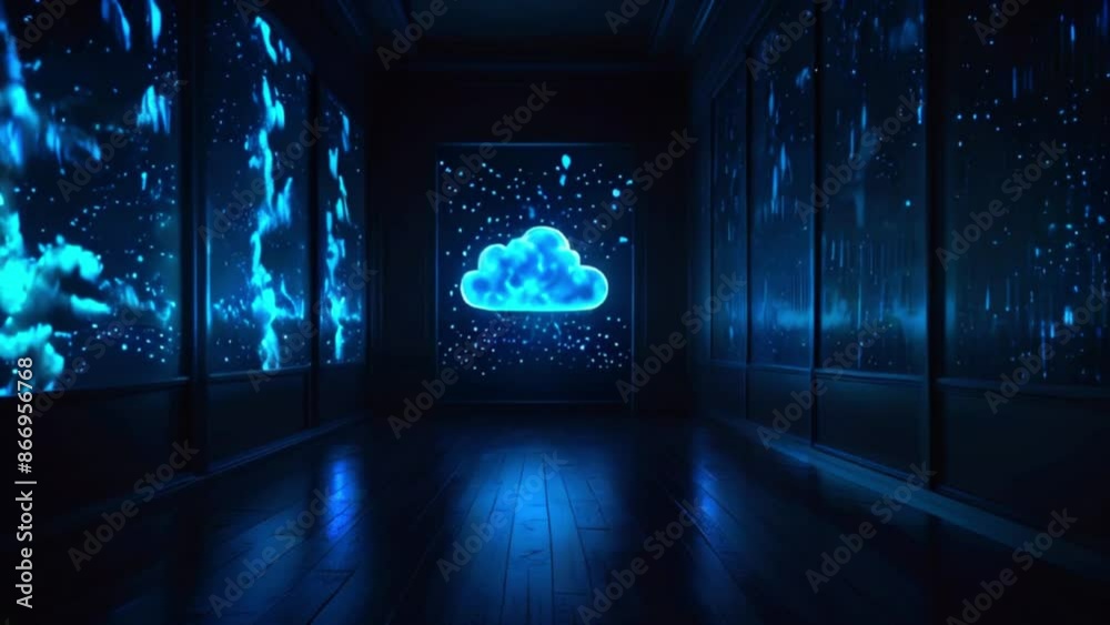 Data takes on a whimsical form with a cloud-shaped data center. A bright blue icon residing within, depicts the power of cloud storage Data takes on a whimsical form with a cloud-shaped data center. A bright blue icon residing within, depicts the power of cloud storage