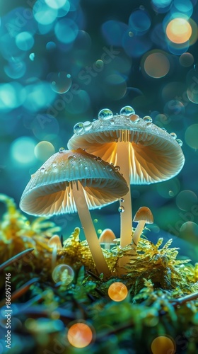 Mushrooms with dew drops in forest, macro shot. Nature and tranquility concept © iVGraphic