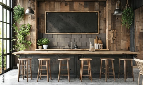 Cozy kitchen with a blank chalkboard on the wall