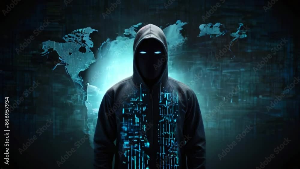 A person in a dark hoodie with a glowing green mask is standing in front of a world map made of glowing blue lines. A person in a dark hoodie with a glowing green mask is standing in front of a world map made of glowing blue lines.