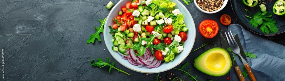 Fresh vegetable salad with avocado, tomato, and cucumber in a bowl. A healthy and delicious choice for meals and snacks. Fresh vegetable salad with avocado, tomato, and cucumber in a bowl. A healthy and delicious choice for meals and snacks.