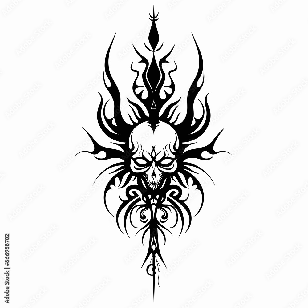 A skull with a flame on it. The skull is surrounded by a design of flames and spikes A skull with a flame on it. The skull is surrounded by a design of flames and spikes