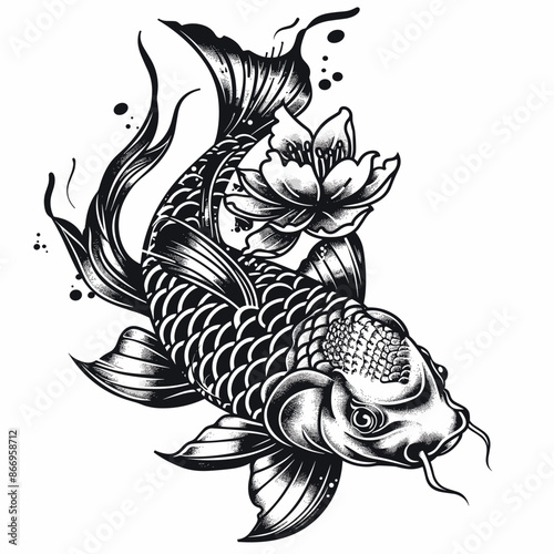 A black and white drawing of a fish with a flower on its tail. The image has a calm and serene mood, with the fish