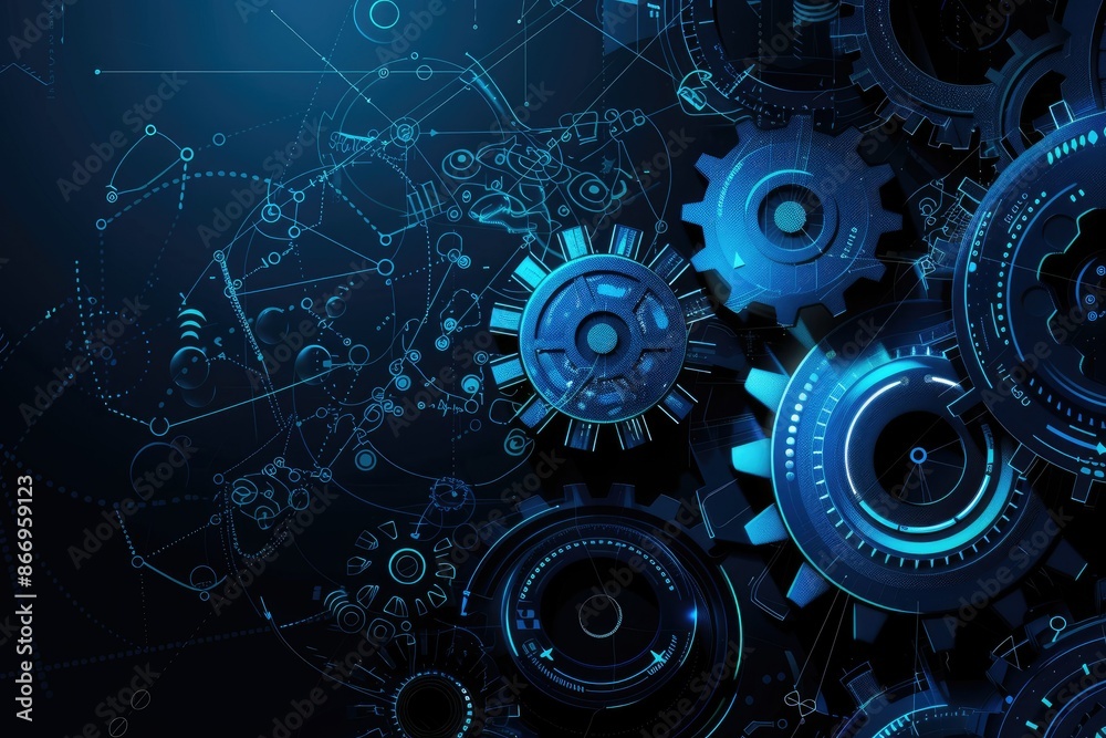 Abstract Blue Gear Mechanism with Lines