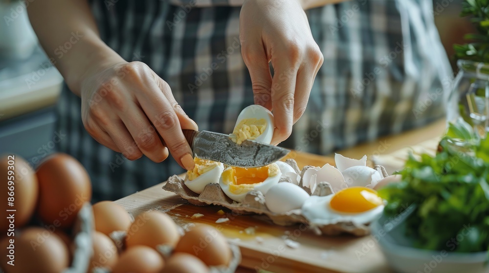 Protein in food, Asian young woman on a ketogenic diet peeling and shelling chicken eggs by hand, setting the table for breakfast. Cleaning an egg, removing the shell, and the idea of health care Protein in food, Asian young woman on a ketogenic diet peeling and shelling chicken eggs by hand, setting the table for breakfast. Cleaning an egg, removing the shell, and the idea of health care