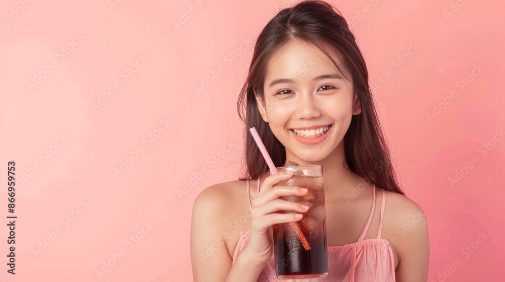 Smile happy thirsty asian young woman drinking or sip, holding glass of ice sparkling soda, cola water with straw, refreshness people, isolated on background. Temptation of food and beverage concept. Smile happy thirsty asian young woman drinking or sip, holding glass of ice sparkling soda, cola water with straw, refreshness people, isolated on background. Temptation of food and beverage concept.
