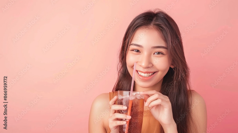 Smile happy thirsty asian young woman drinking or sip, holding glass of ice sparkling soda, cola water with straw, refreshness people, isolated on background. Temptation of food and beverage concept. Smile happy thirsty asian young woman drinking or sip, holding glass of ice sparkling soda, cola water with straw, refreshness people, isolated on background. Temptation of food and beverage concept.