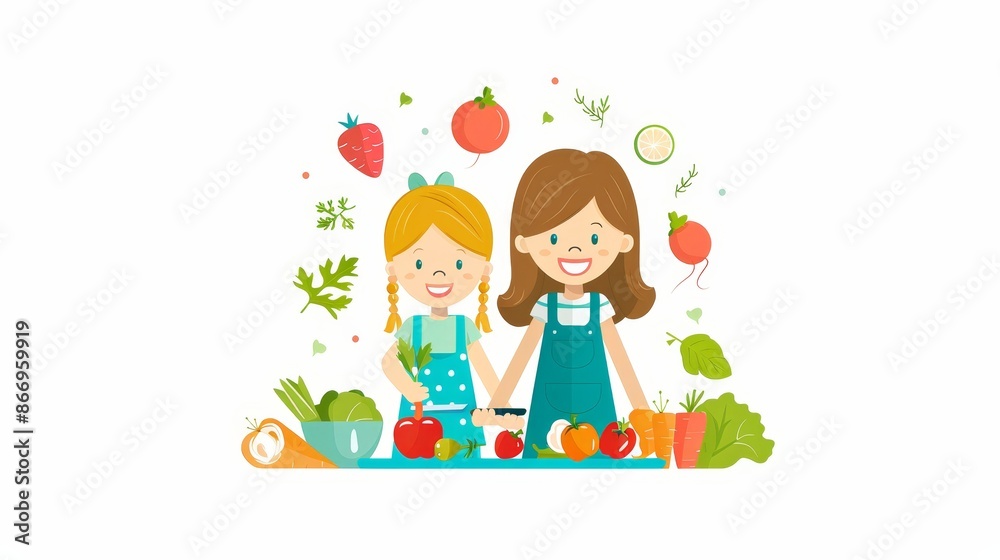 Vibrant scene mother and daughter cooking together, chopping vegetables in natural light Vibrant scene mother and daughter cooking together, chopping vegetables in natural light