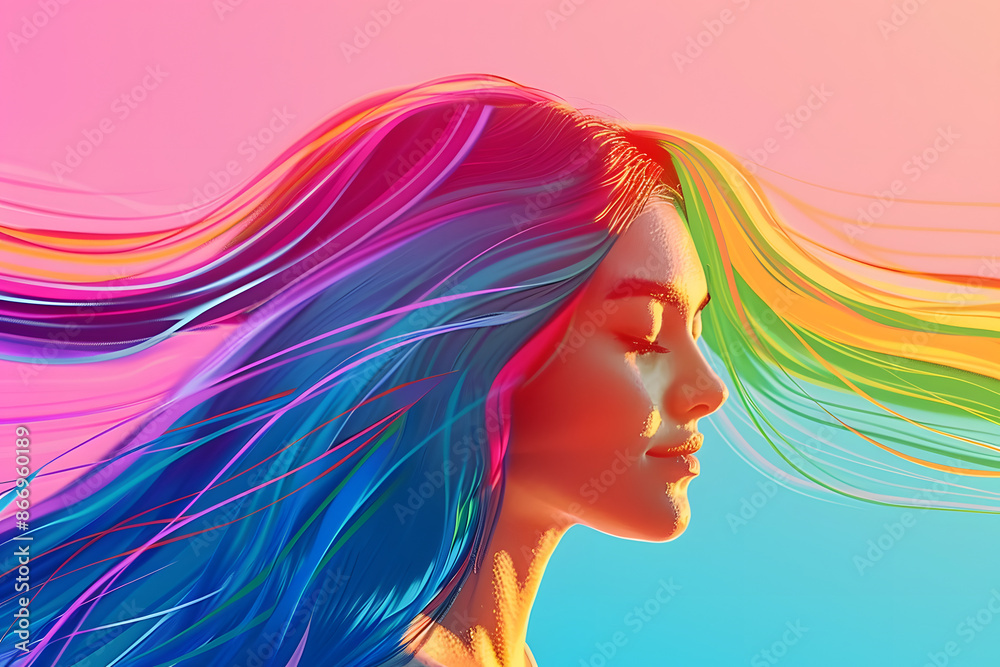 Rainbow colored long hair blowing in the wind beauty and artistic fashion concept illustration of woman with windy hair Rainbow colored long hair blowing in the wind beauty and artistic fashion concept illustration of woman with windy hair