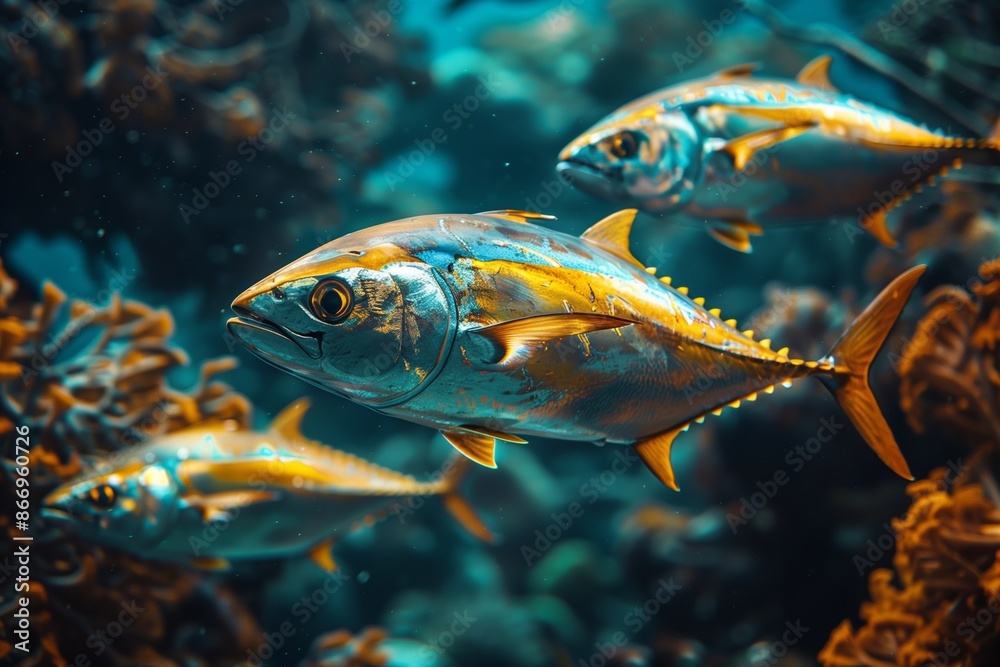 School of Giant Tuna Fish in Exotic Coral Reef School of Giant Tuna Fish in Exotic Coral Reef