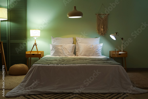 Wallpaper Mural Interior of dark bedroom with cozy bed, lamps and folding screen Torontodigital.ca