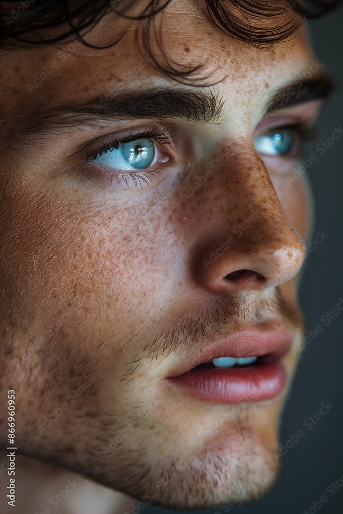 AI generated illustration of a close-up portrait of a male model with freckles and blue eyes AI generated illustration of a close-up portrait of a male model with freckles and blue eyes