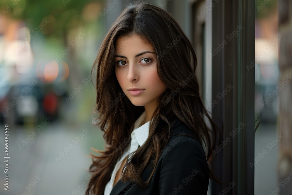 Portrait of a beautiful young businesswoman with long brown hair standing in the city Portrait of a beautiful young businesswoman with long brown hair standing in the city