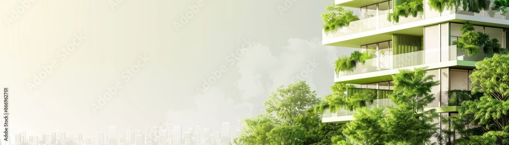 Fototapeta premium Modern apartment building with lush green balconies against a clear sky, representing urban living and sustainable architecture.