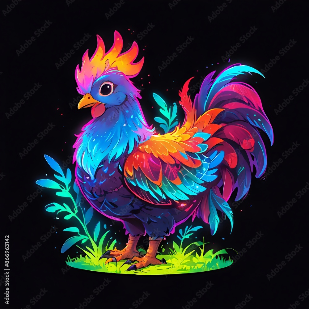 A rooster with luminous feathers and dazzling colors A rooster with luminous feathers and dazzling colors