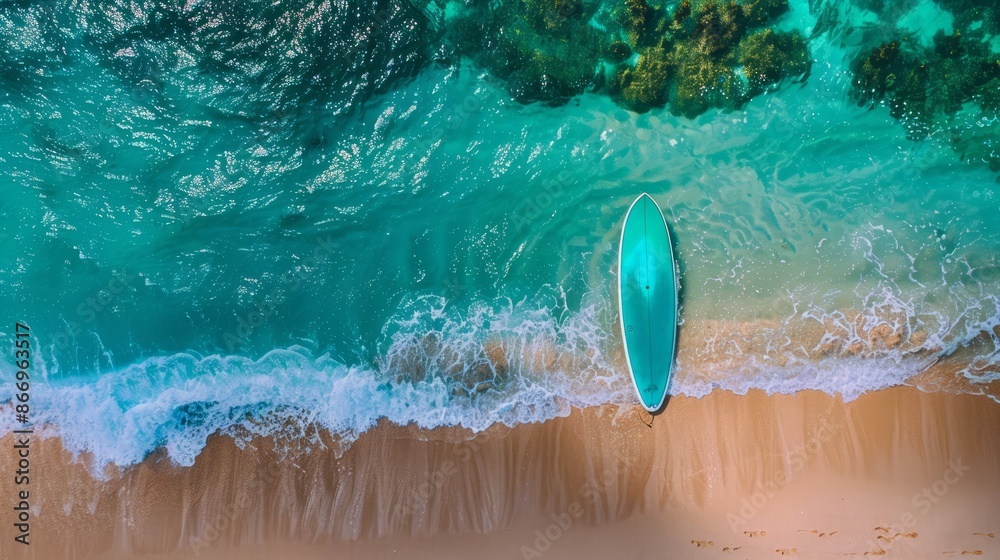 Fototapeta premium Aerial View of a Pristine Beach with a Blue Surfboard on the Shore