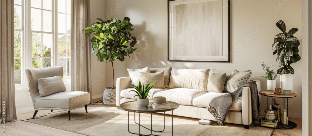 Comfortable living room interior design with mock-up poster frame, modular sofa, white armchair, trendy coffee table, greenery, beige drapes, and personal decor items. Home decoration layout. Comfortable living room interior design with mock-up poster frame, modular sofa, white armchair, trendy coffee table, greenery, beige drapes, and personal decor items. Home decoration layout.