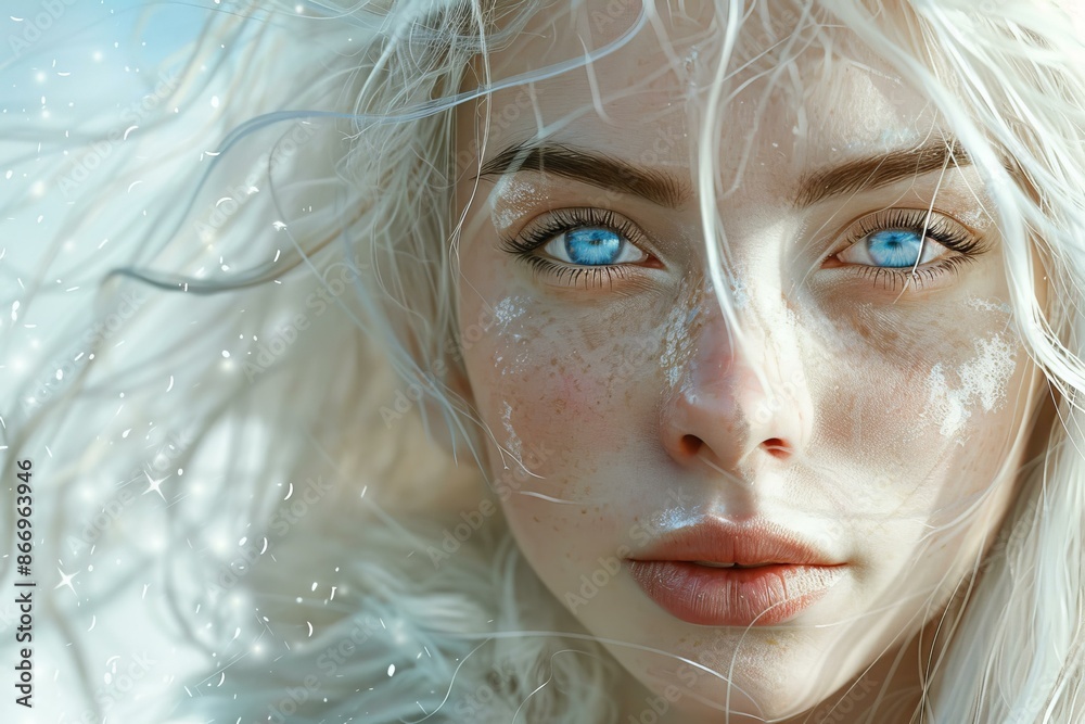 Beautiful albino woman with blue eyes and white hair flowing in the wind, fantasy portrait Beautiful albino woman with blue eyes and white hair flowing in the wind, fantasy portrait