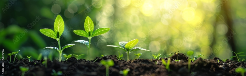 Young plants growing in soil with sunlight Young plants growing in soil with sunlight