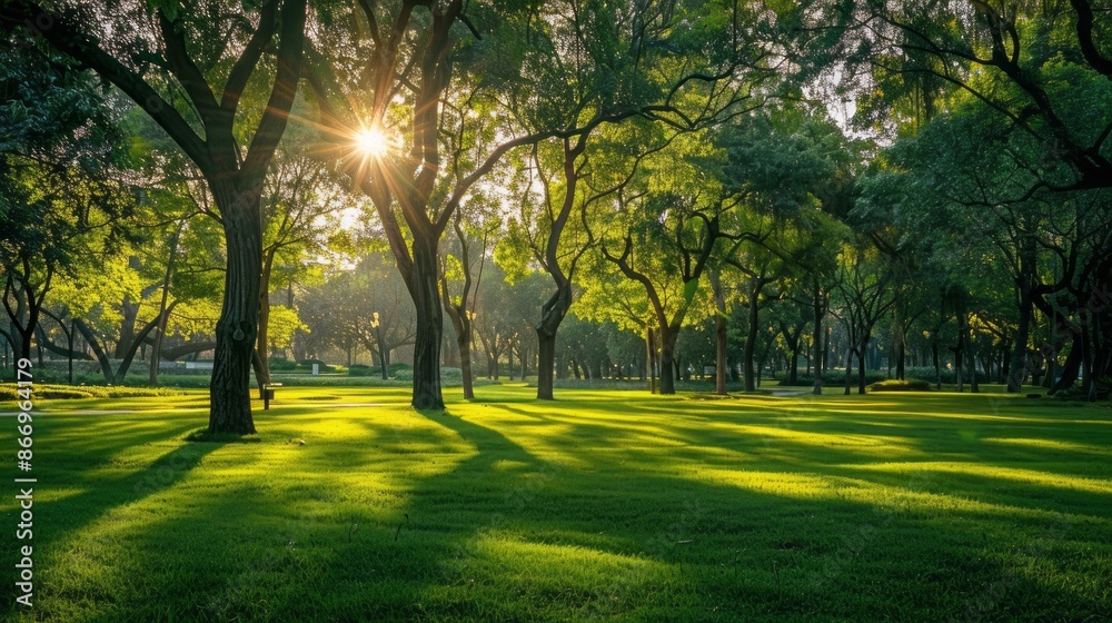 Naklejka premium A serene city park bathed in the soft glow of sunrise. Lush green trees stand tall, their shadows stretching across the manicured lawn