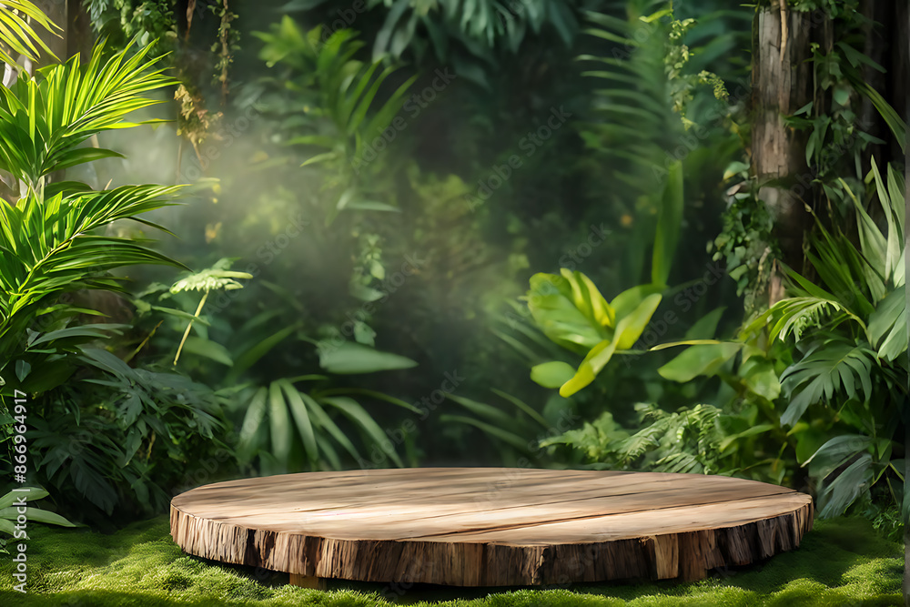 Background podium jungle product platform 3D green wood display pedestal. Background podium jungle tree nature leaf tropical cosmetic summer forest plant garden stage water presentation stone table. Background podium jungle product platform 3D green wood display pedestal. Background podium jungle tree nature leaf tropical cosmetic summer forest plant garden stage water presentation stone table.