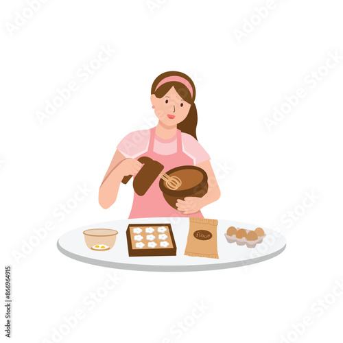 Woman Baking Cookies and cake in the Kitchen Illustration