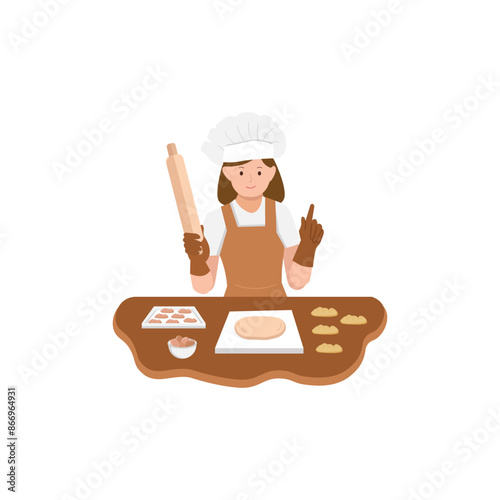 Woman Baking Cookies and cake in the Kitchen Illustration