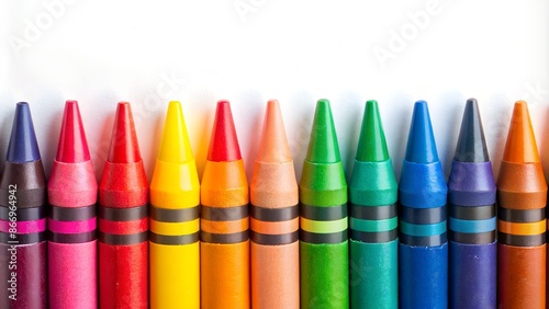 Colorful Crayon Tips: A Vibrant Lineup of Crayons on a White Background, Ideal for Educational Art Projects and Crafting Themes