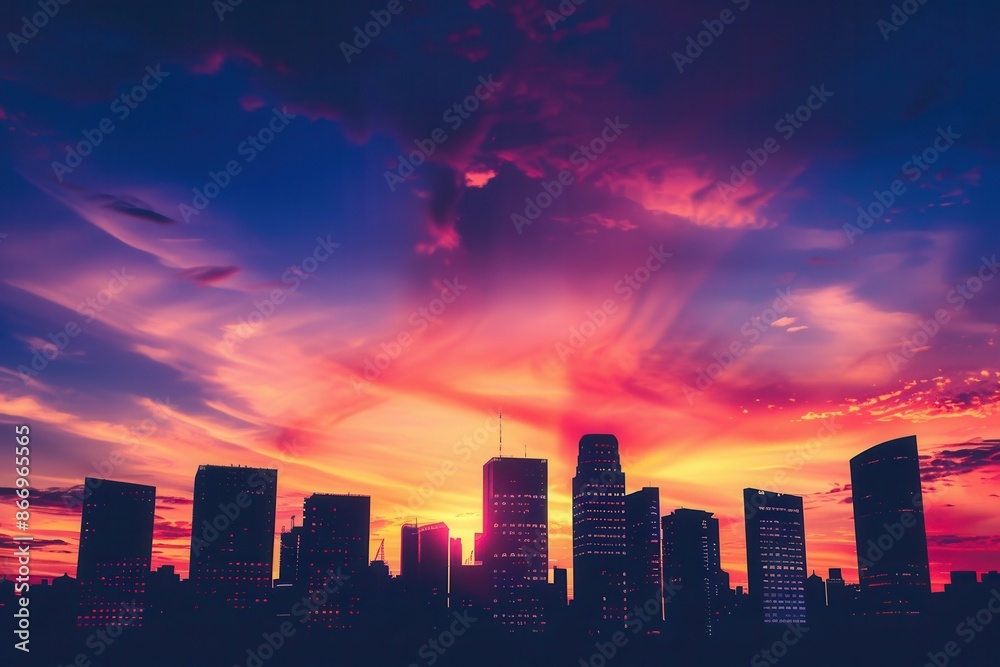 Fototapeta premium A dramatic sunset paints the sky with vibrant colors as skyscrapers stand tall in silhouette against the backdrop. Generative AI