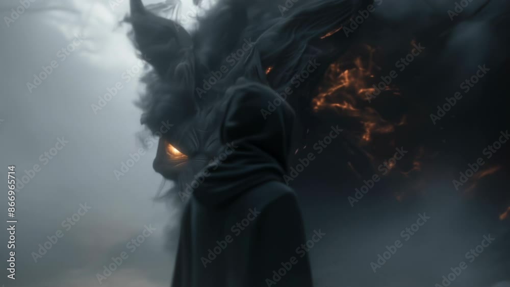 A person wearing black hoodie facing a huge smoky demon. High quality 4k footage A person wearing black hoodie facing a huge smoky demon. High quality 4k footage