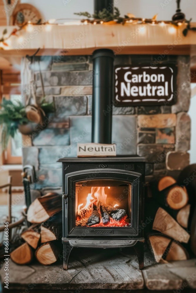 Wood pellet stove emitting smoke with carbon neutral text floating above for eco friendly heating Wood pellet stove emitting smoke with carbon neutral text floating above for eco friendly heating