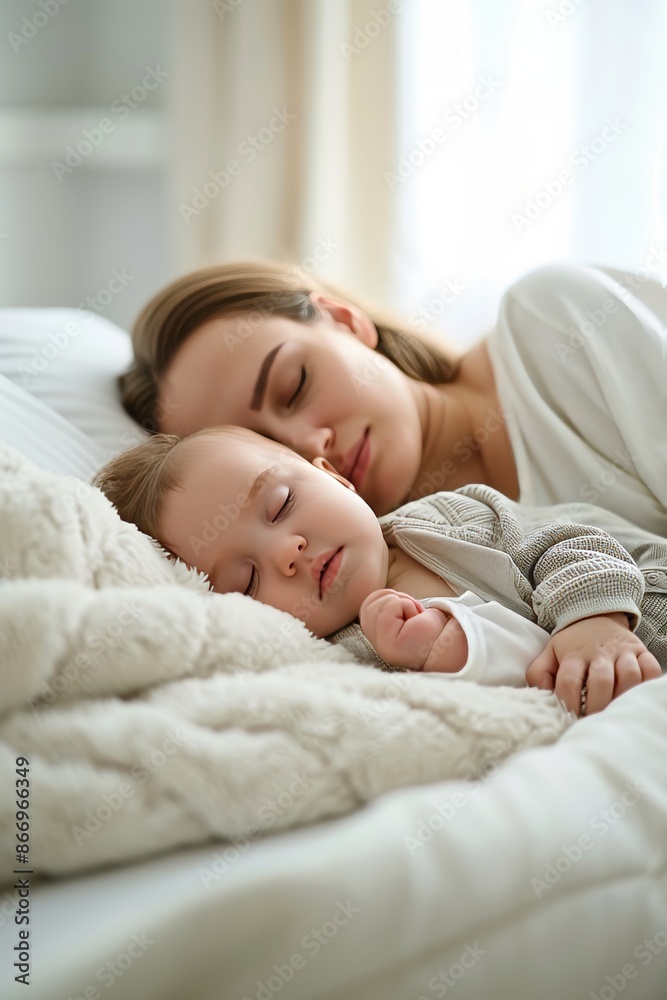 Mother and baby peacefully sleeping in tranquil setting, creating a soft and serene scene Mother and baby peacefully sleeping in tranquil setting, creating a soft and serene scene