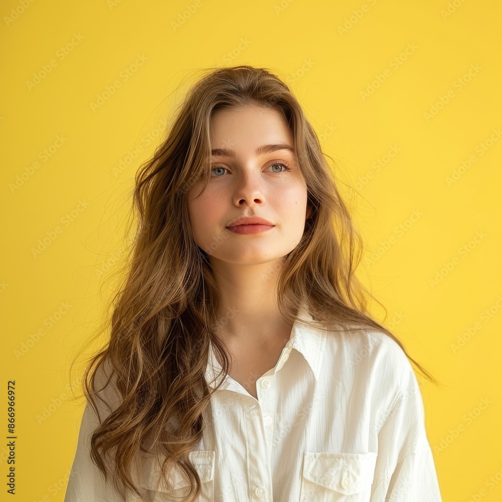 Portrait of lovely young girl look empty space wear shirt isolated on yellow color background Portrait of lovely young girl look empty space wear shirt isolated on yellow color background