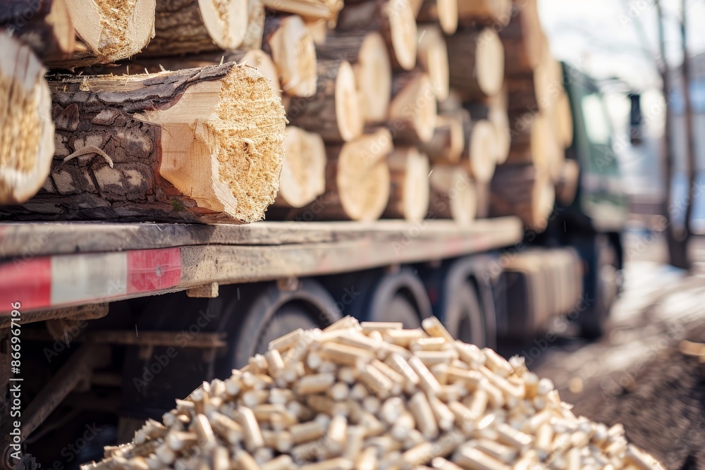 Logging truck transporting timber from forest with wood pellets stack in foreground Logging truck transporting timber from forest with wood pellets stack in foreground