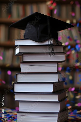 Graduation cap on books with confetti background, symbolizing academic achievement and celebration