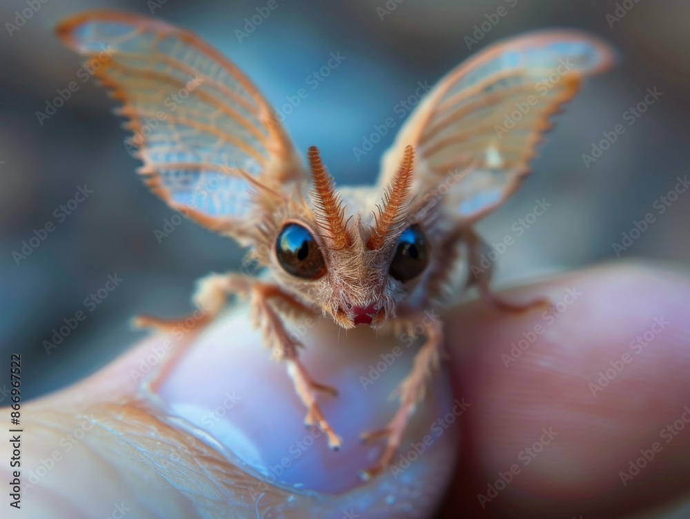Naklejka premium A close-up of a small and furry moth with large, blue eyes. AI.