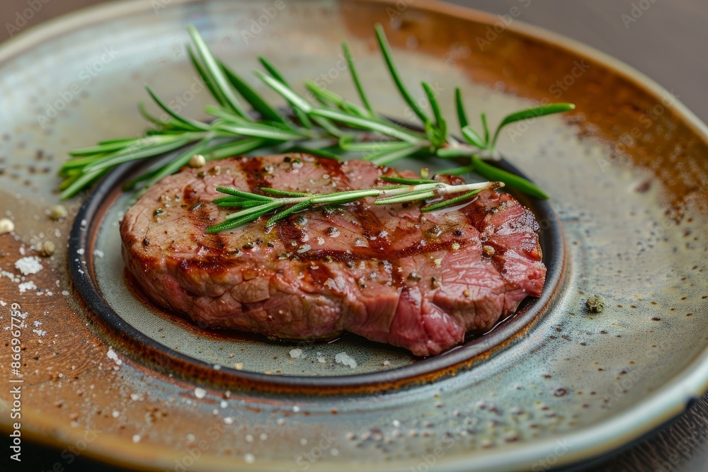 Grilled beef steak with rosemary lying on a plate on a wooden table Grilled beef steak with rosemary lying on a plate on a wooden table