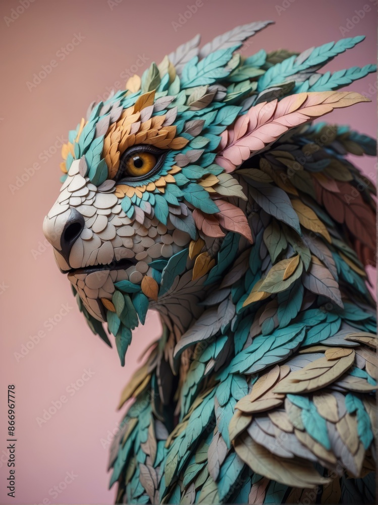 Obraz premium A 3D rendering of a colorful dragon made of leaves. AI.
