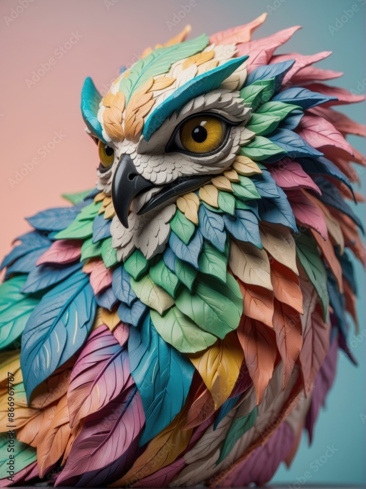 Obraz premium Colorful 3D rendering of an owl with leaves for feathers. AI.