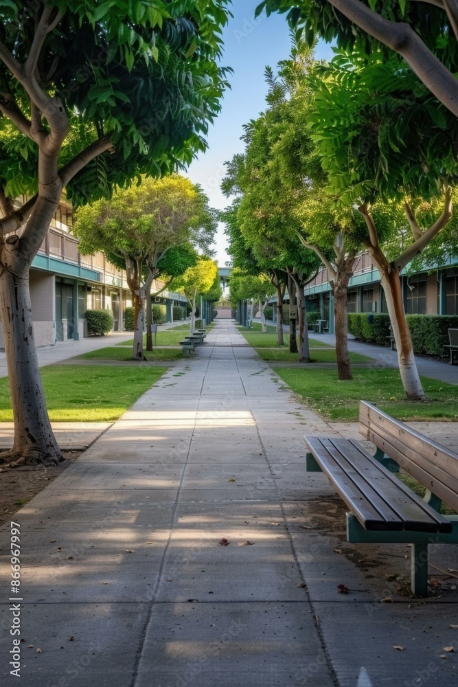 A tree-lined path with a bench at the end. AI. A tree-lined path with a bench at the end. AI.