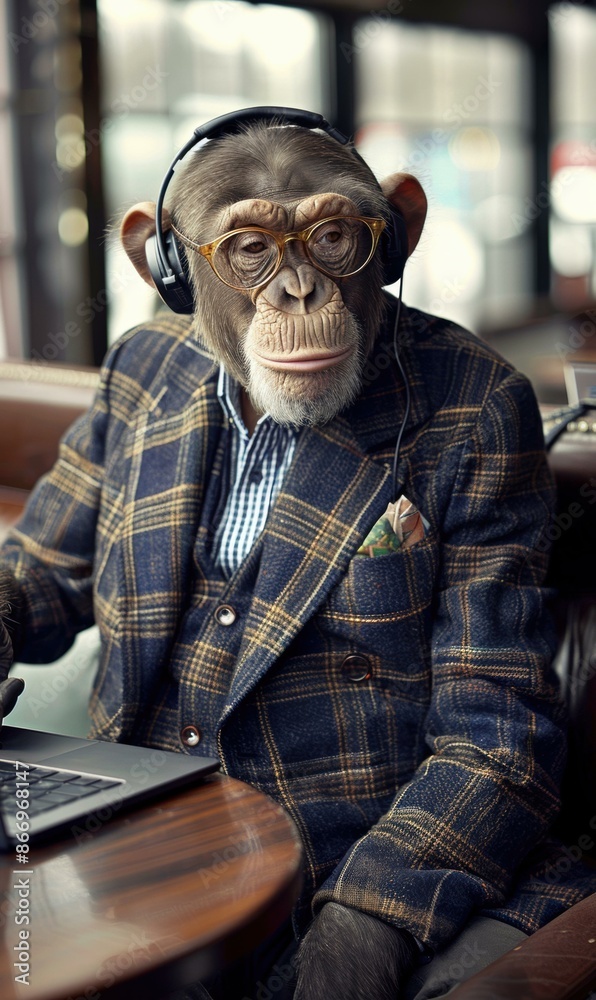 A chimpanzee wearing a suit and headphones is sitting at a table and using a laptop. AI. A chimpanzee wearing a suit and headphones is sitting at a table and using a laptop. AI.