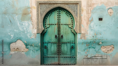 Green wooden door in Dubai s Arabic style photo