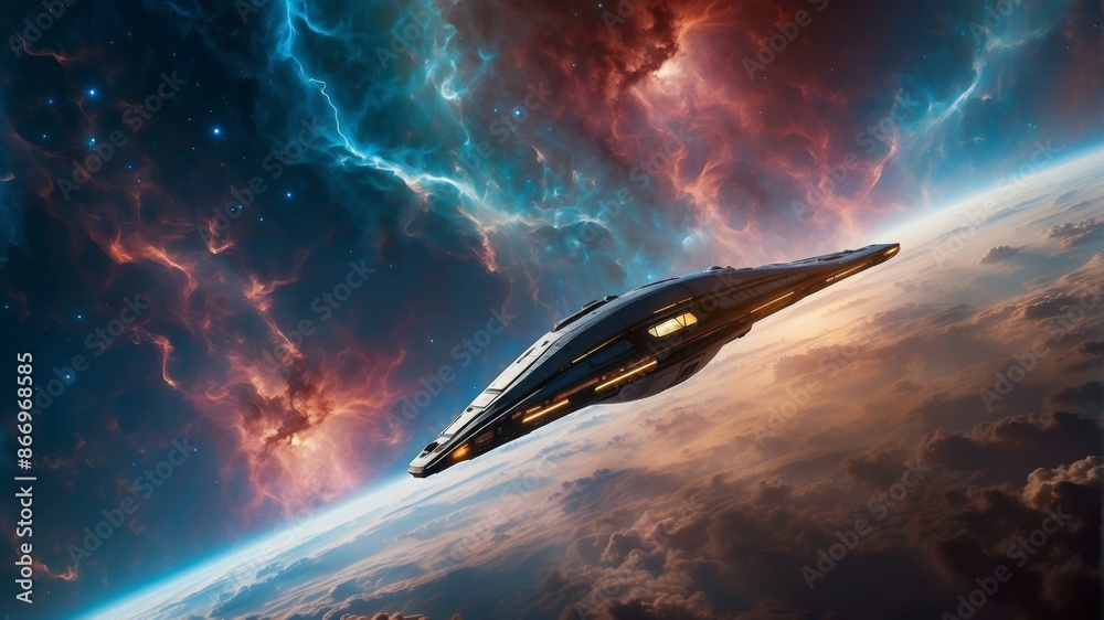 Obraz premium A spaceship is flying above the clouds with a beautiful nebula in the background. AI.