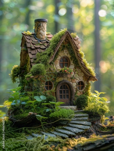 A beautiful fairy house nestled in the heart of a lush forest. AI.