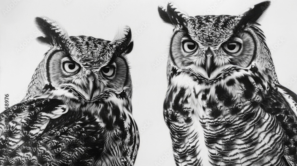 Fototapeta premium Monochrome drawing of 2 owls