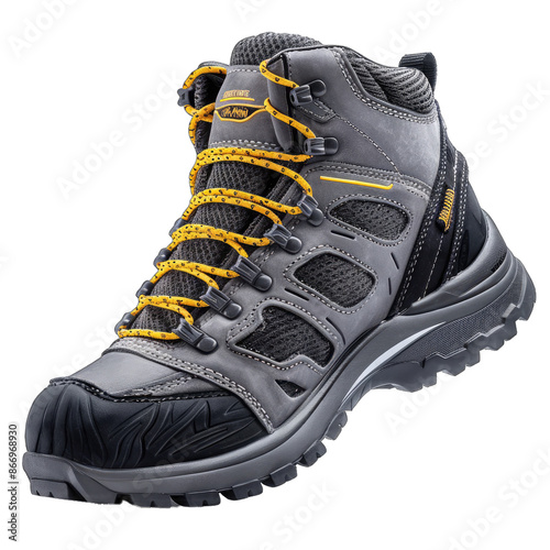 High Mountain Sport Shoe Featuring Sturdy Construction Rugged Outsole and Reinforced Areas for Hiking and Security. Isolated on a Transparent Background. Cutout PNG.